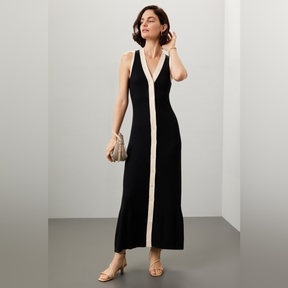 SANDRO Black White Ribbed Knit Beige Button Placket Gabriel Maxi Dress Size 34